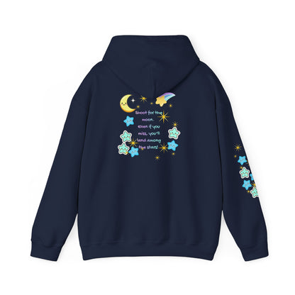 Bright Shoot for the Moon. Even if you miss, you'll land among the stars Hoodie - Cute Starry Moon Graphic