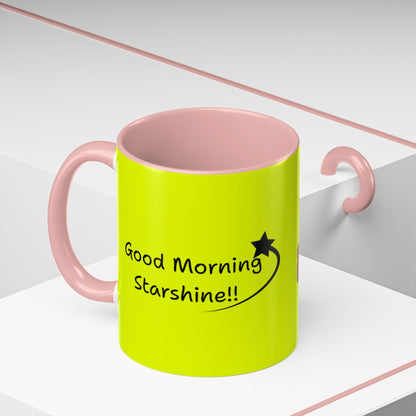 'Good Morning Starshine' Neon Cheerful Coffee Mug by PositiveHug - Yellow exterior