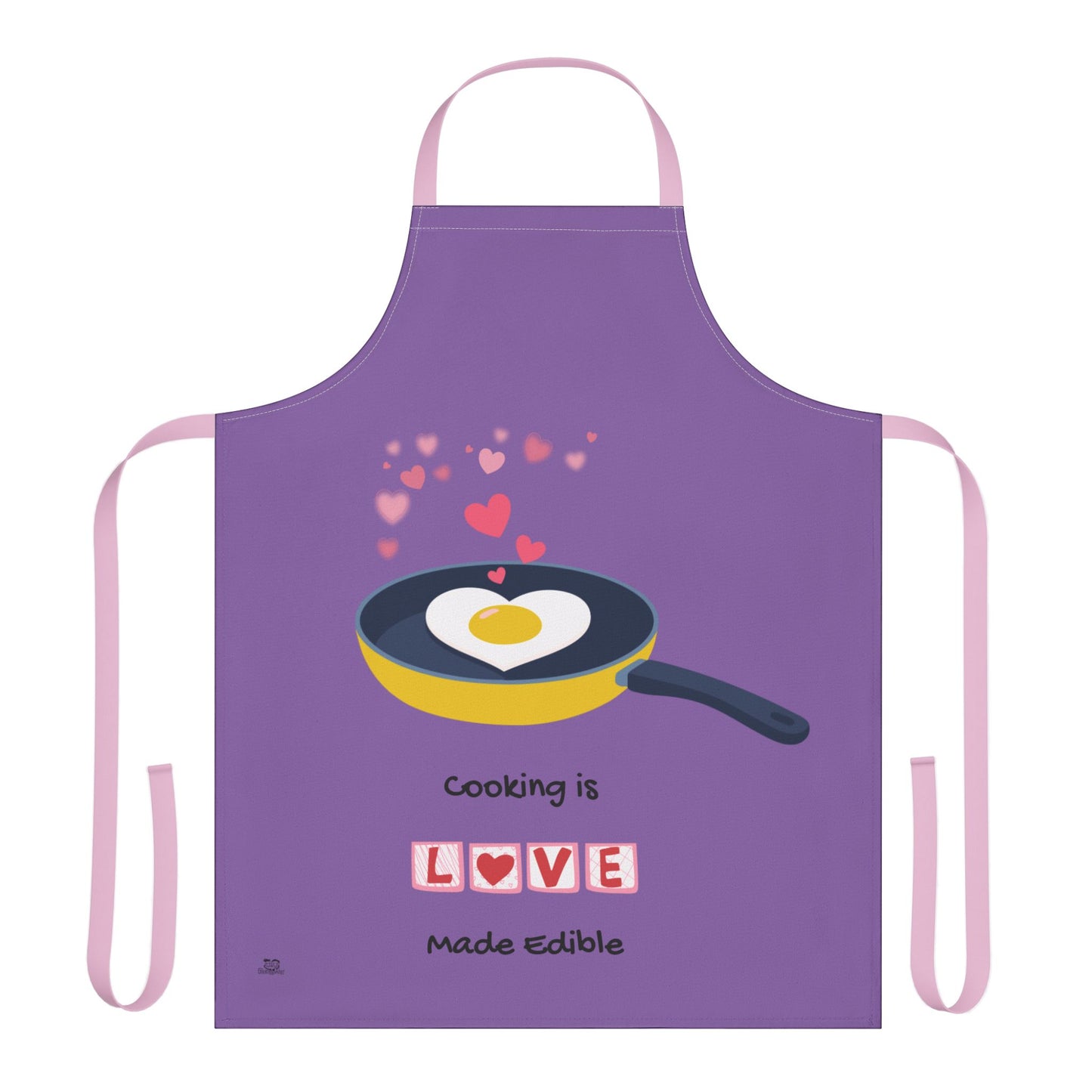 Purple apron with a frying pan graphic and 'Cooking is Love Made Edible' text on a white background