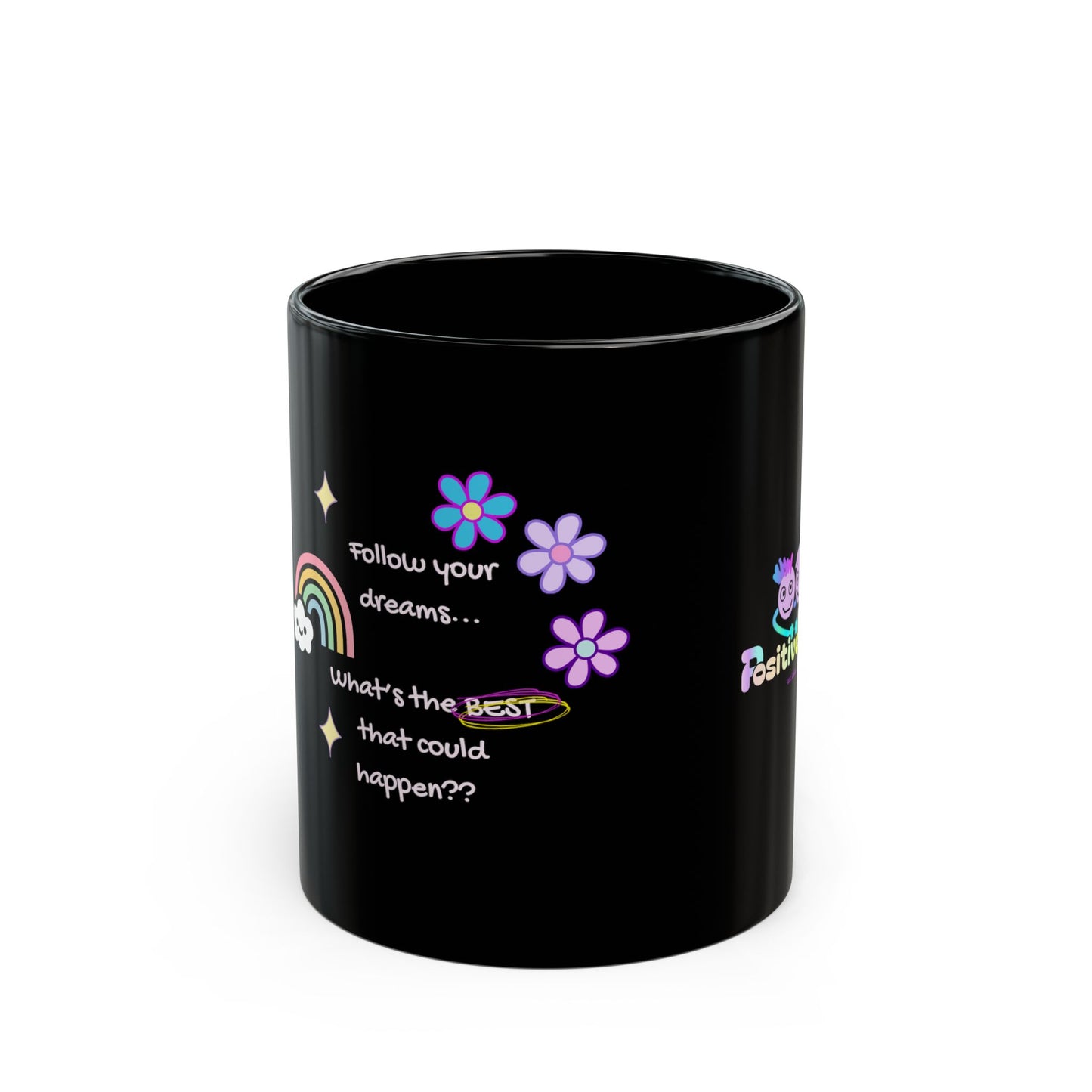 "Follow Your Dreams" PositiveHug Black Mug — Colourful Cute Coffee Cup | 11oz & 15oz | PositiveHug