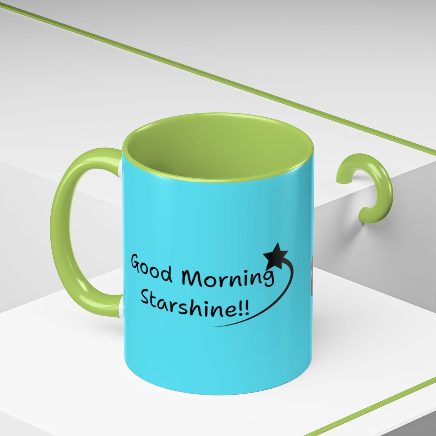 'Good Morning Starshine' Neon Cheerful Coffee Mug by PositiveHug - Turquoise exterior