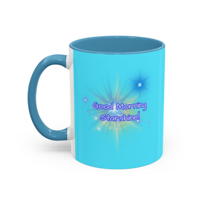 Bright Positivity - Good Morning Starshine Cute Neon Cheerful Coffee Mug by PositiveHug - Turquoise exterior