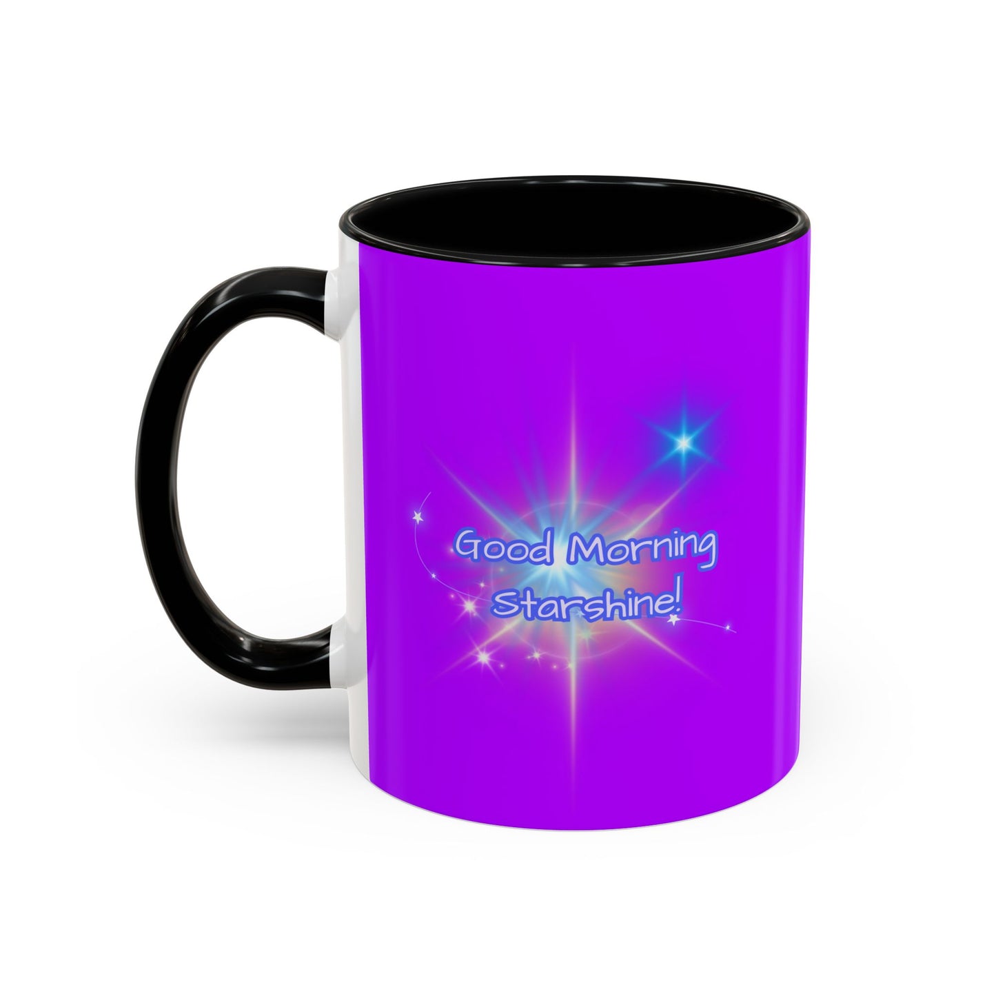 Good Morning Starshine - Neon Cheerful Coffee Mug by PositiveHug - Purple exterior