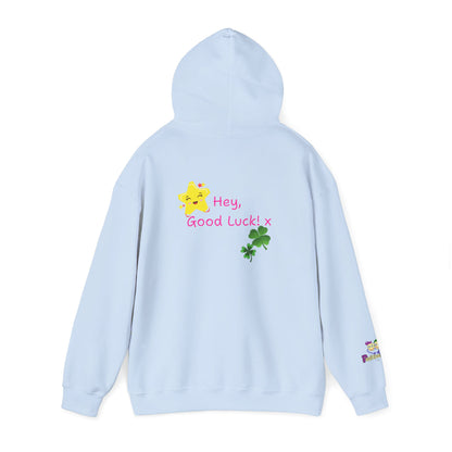 'Hey, Good Luck! x' Unisex Hooded sweatshirt by PositiveHug - Design on back