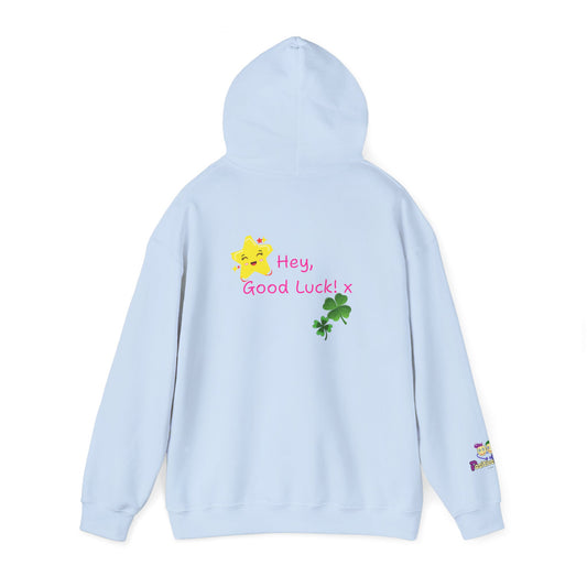 'Hey, Good Luck! x' Unisex Hooded sweatshirt by PositiveHug - Design on back