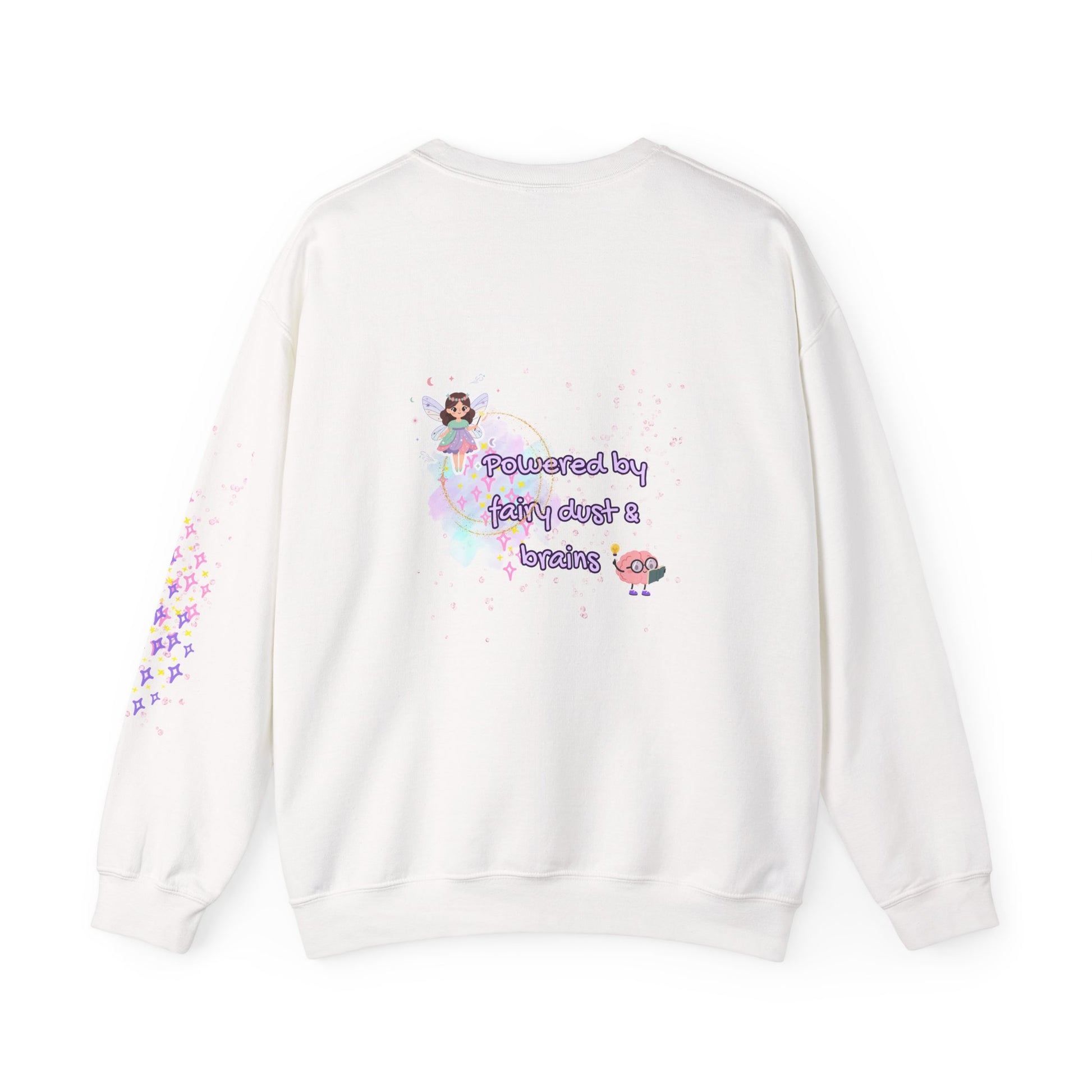 White sweatshirt with colorful graphics and text on a white background