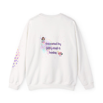 White sweatshirt with colorful graphics and text on a white background