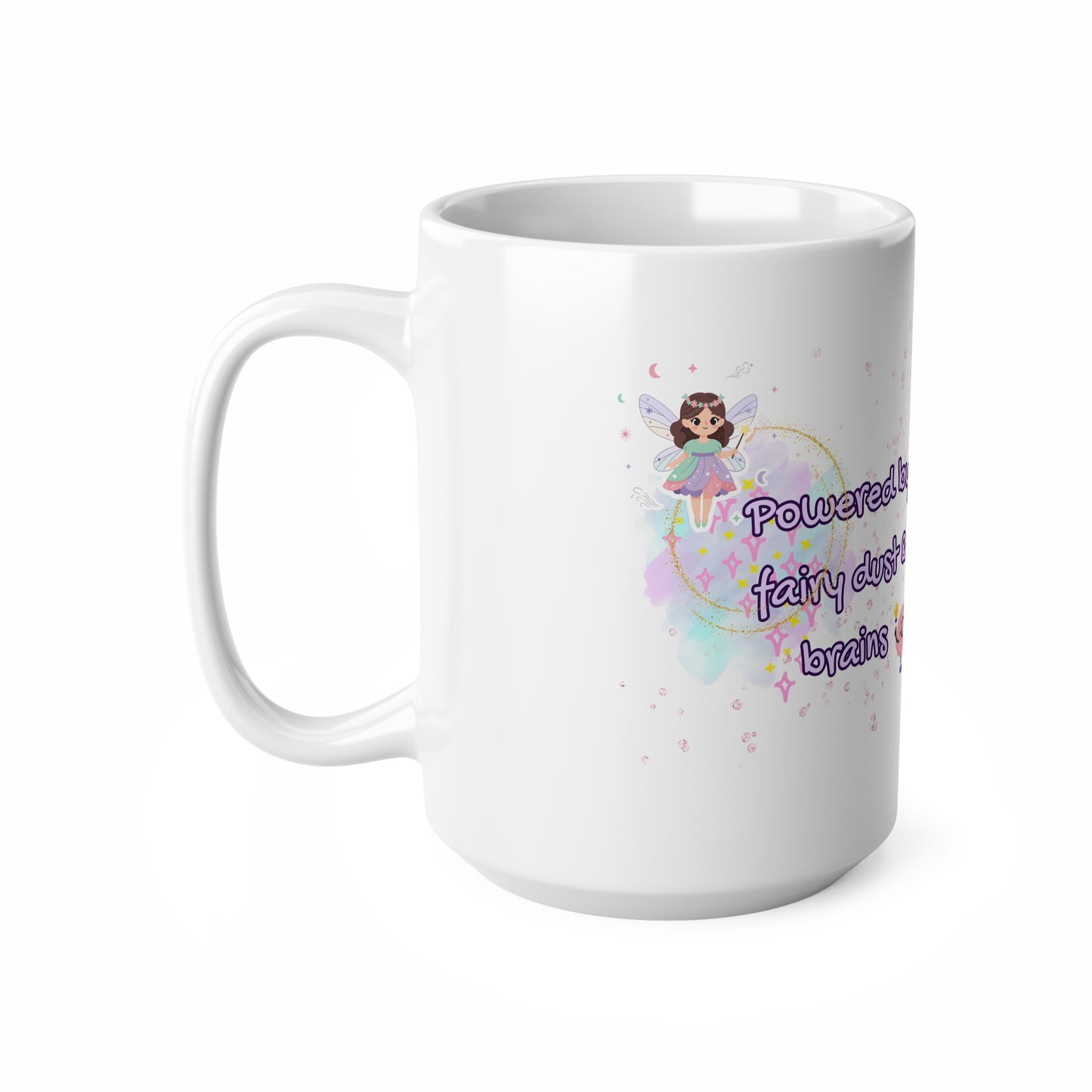 White mug with a fairy design and text on a white background
