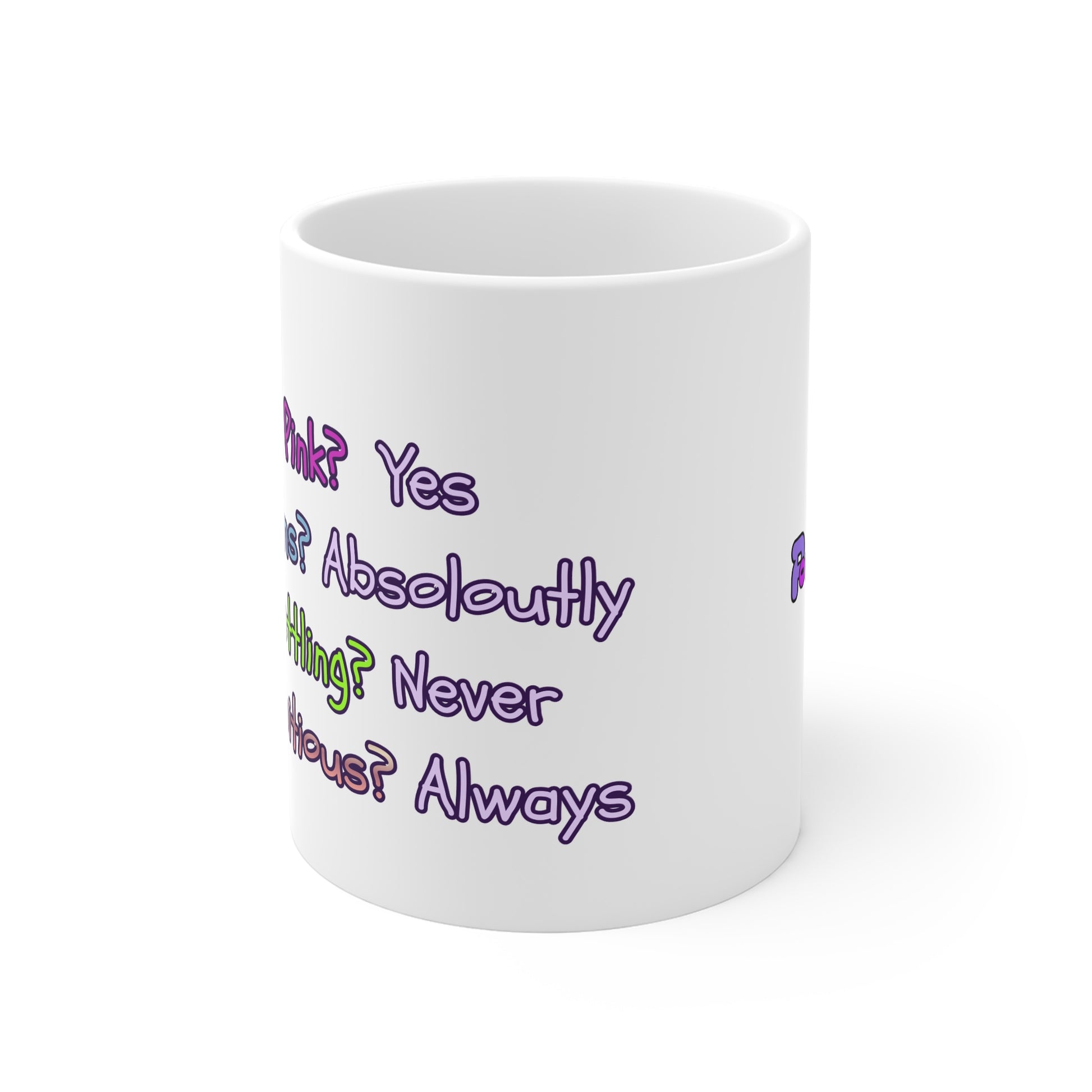 White mug with colorful text on a white background