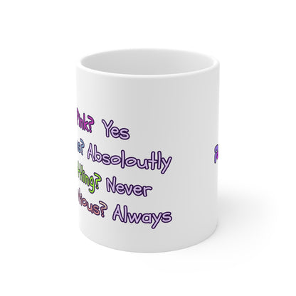 White mug with colorful text on a white background