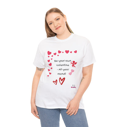 Person wearing a white t-shirt with red heart designs and text on a white background