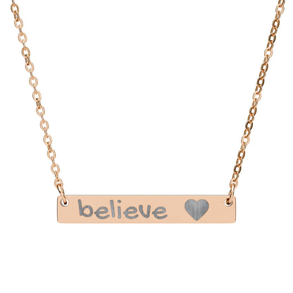 Engraved "Believe" Bar Necklace — Horizontal Heart Pendant