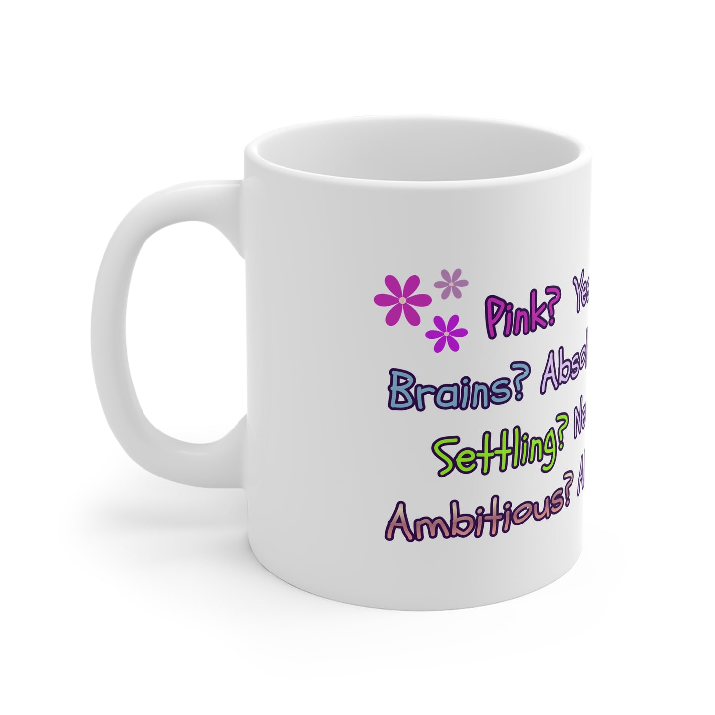White mug with colorful text and flower graphics on a white background