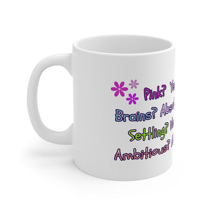 White mug with colorful text and flower graphics on a white background