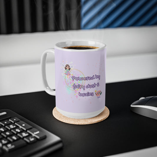 Purple mug with fairy dust and brains text on a desk with a keyboard and mouse.