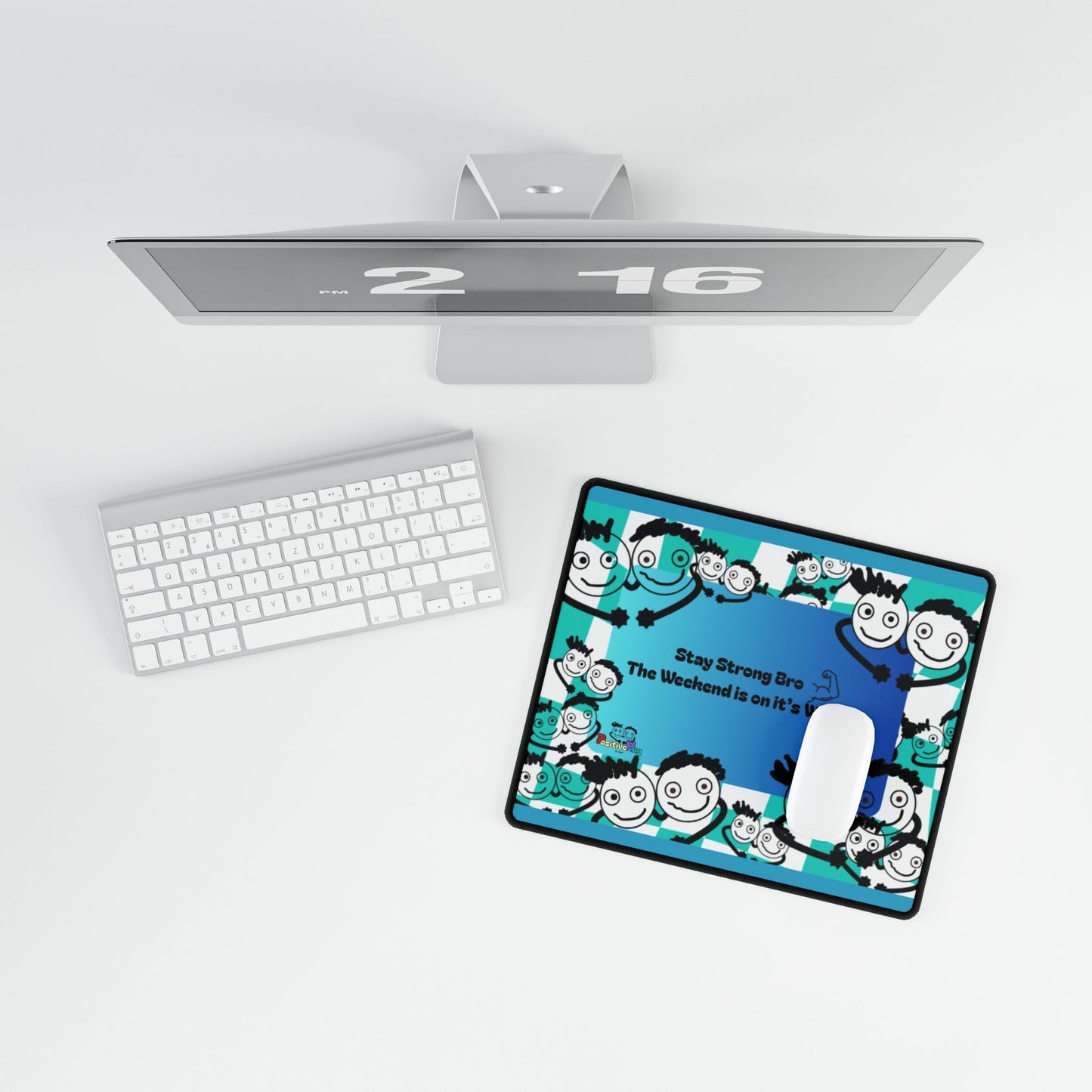 'Stay Strong Bro. The Weekend is on it's Way' Desk Mat by PositiveHug - All Over Logo Design - Fun Office Decor Unique Gift Idea