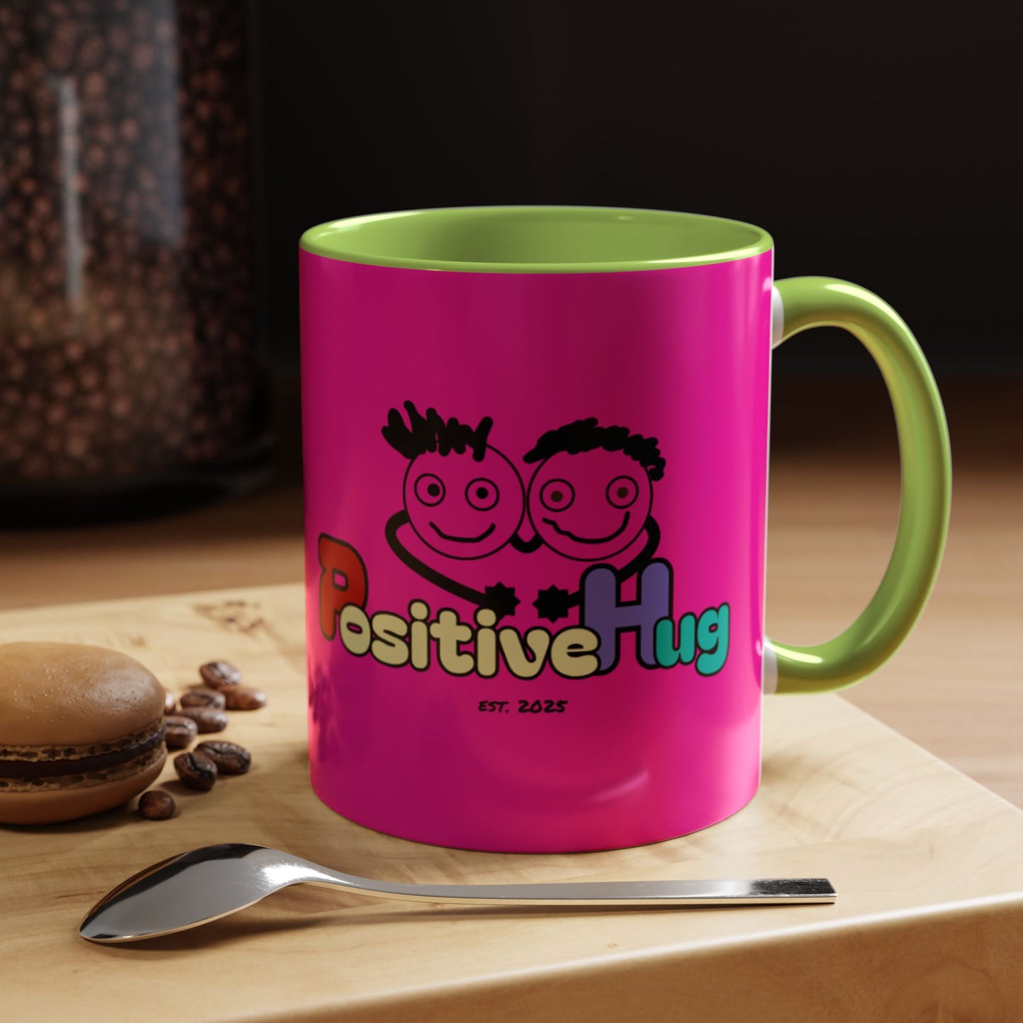 'Good Morning Starshine' Neon Cheerful Coffee Mug by PositiveHug - Pink exterior