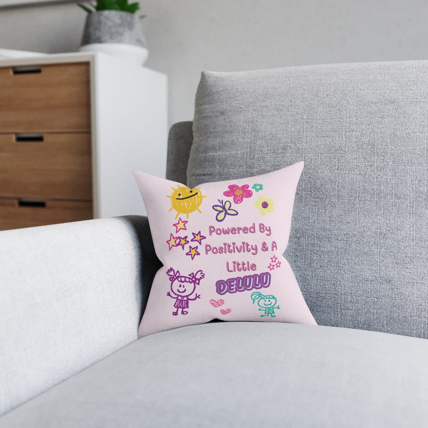 "Powered by Positivity & A Little Delulu" Cute Square Cushion | PositiveHug