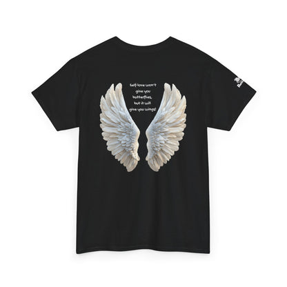 "Self Love Will Give You Wings" Angel Wings Back Graphic Tee — Self-Love Mindset Quote | PositiveHug