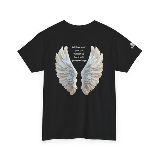 Self Love won't give you butterflies but it will give you wings - Angel Wings T‑Shirt with Positive Motivational Mindset Quote — Back Graphic Tee