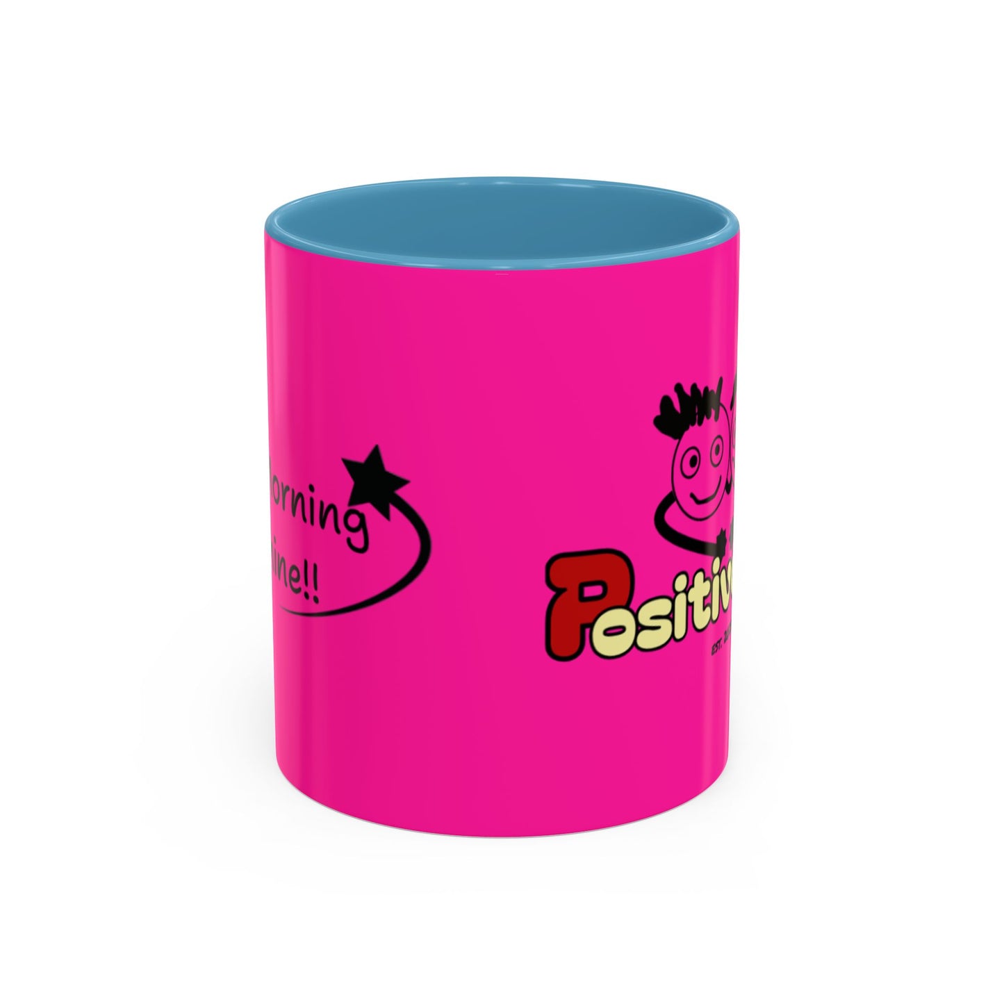 'Good Morning Starshine' Neon Cheerful Coffee Mug by PositiveHug - Pink exterior