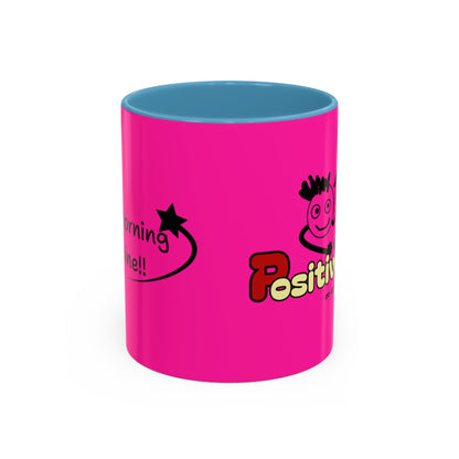 'Good Morning Starshine' Neon Cheerful Coffee Mug by PositiveHug - Pink exterior