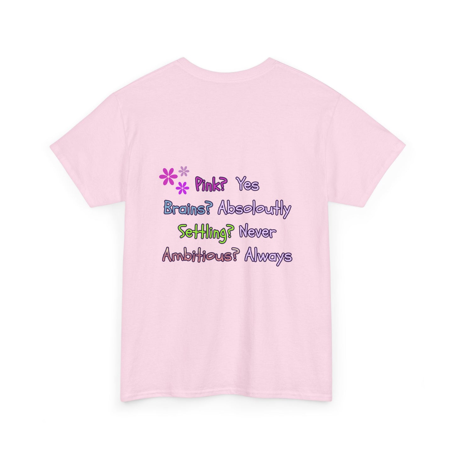 Pink t-shirt with colorful text on a white background