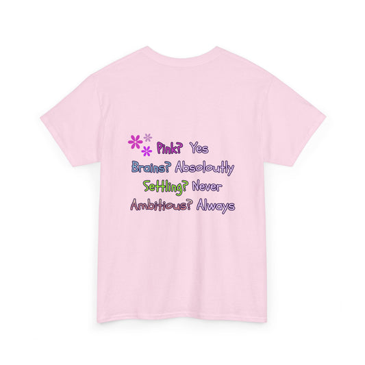 Pink t-shirt with colorful text on a white background