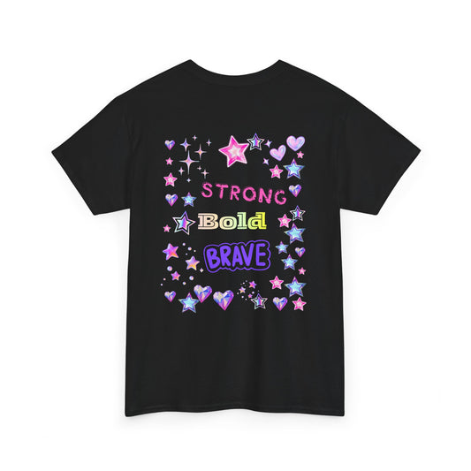 Black t-shirt with colorful stars and text on a black background
