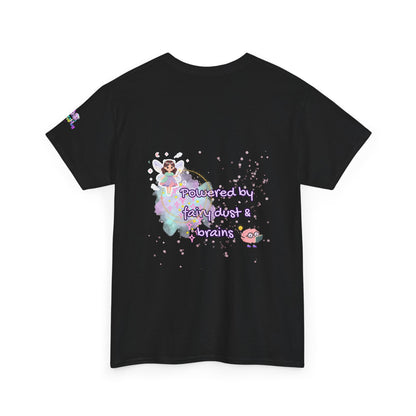 Black t-shirt with fairy design and text 'Powered by fairy dust & brains' on a white background
