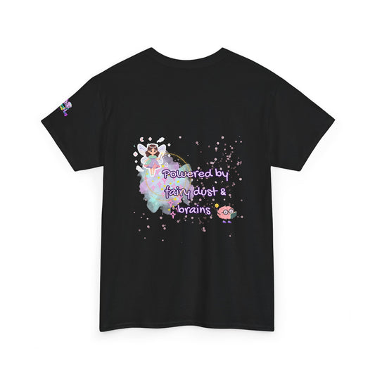 Black t-shirt with fairy design and text 'Powered by fairy dust & brains' on a white background