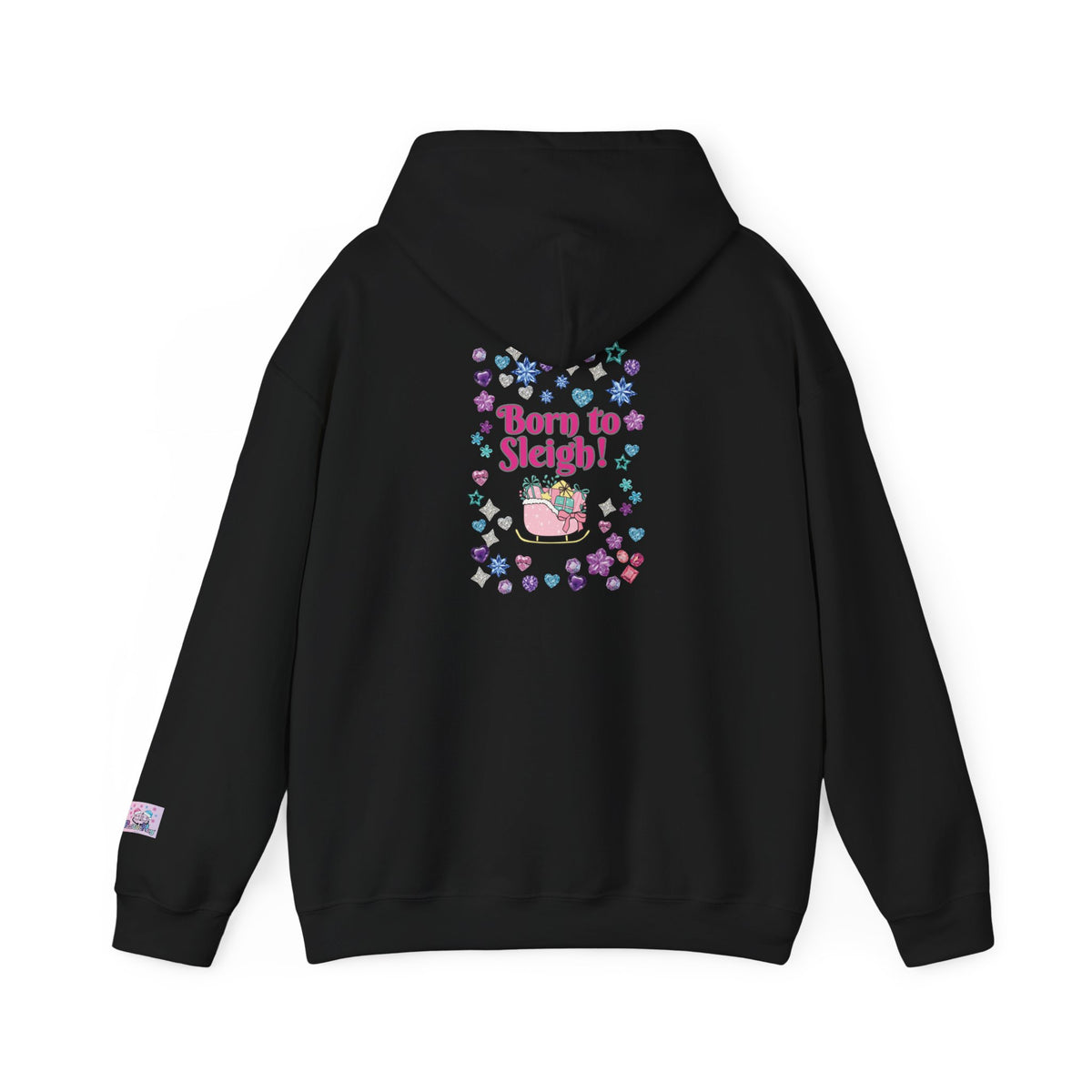 Black festive hoodie a pink sleigh filled with presents, and the words 'born to sleigh' text on the back along side pastle coloured hearts and stars. 
