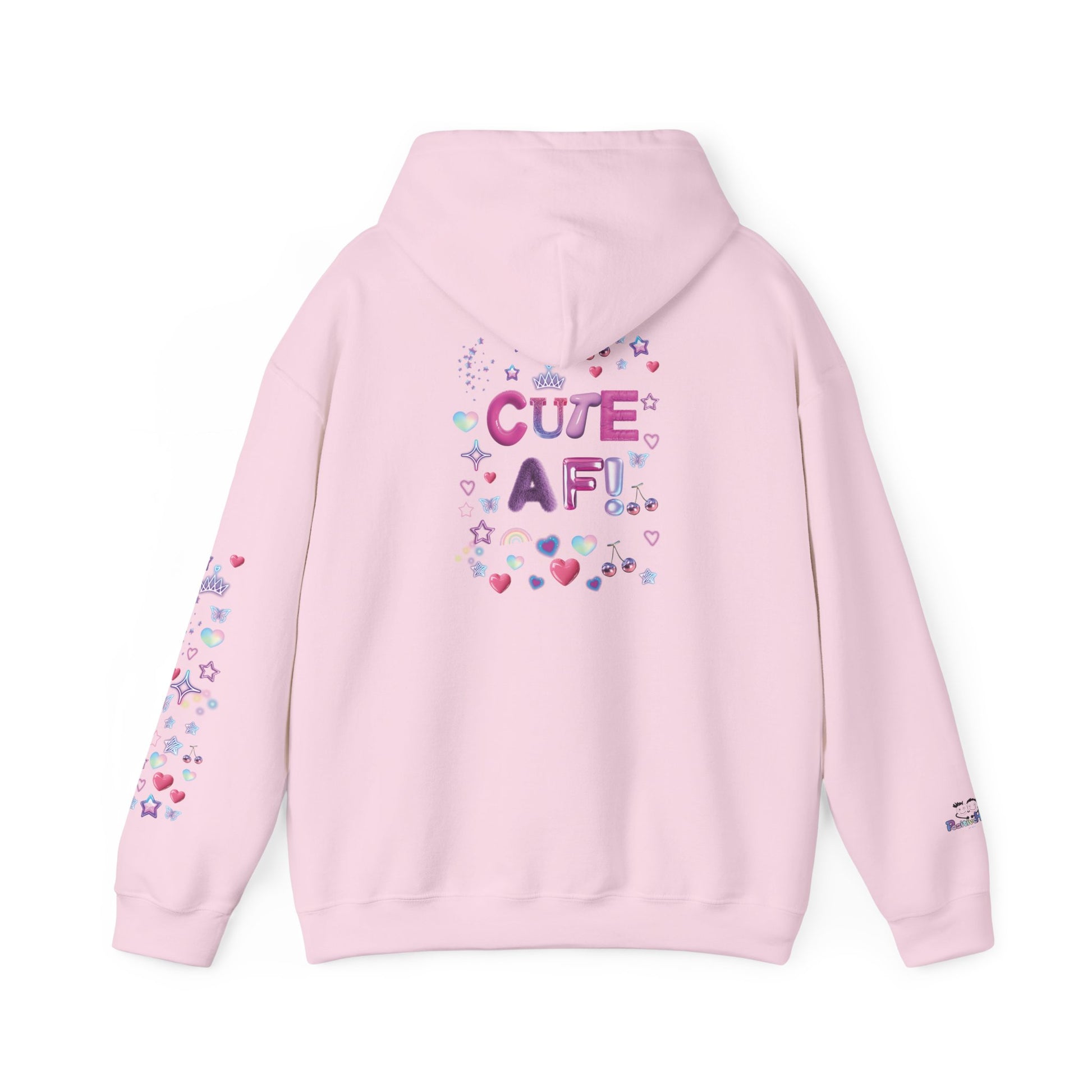 Pink hoodie with 'CUTE AF!' text and heart designs on a white background