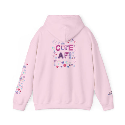 Pink hoodie with 'CUTE AF!' text and heart designs on a white background