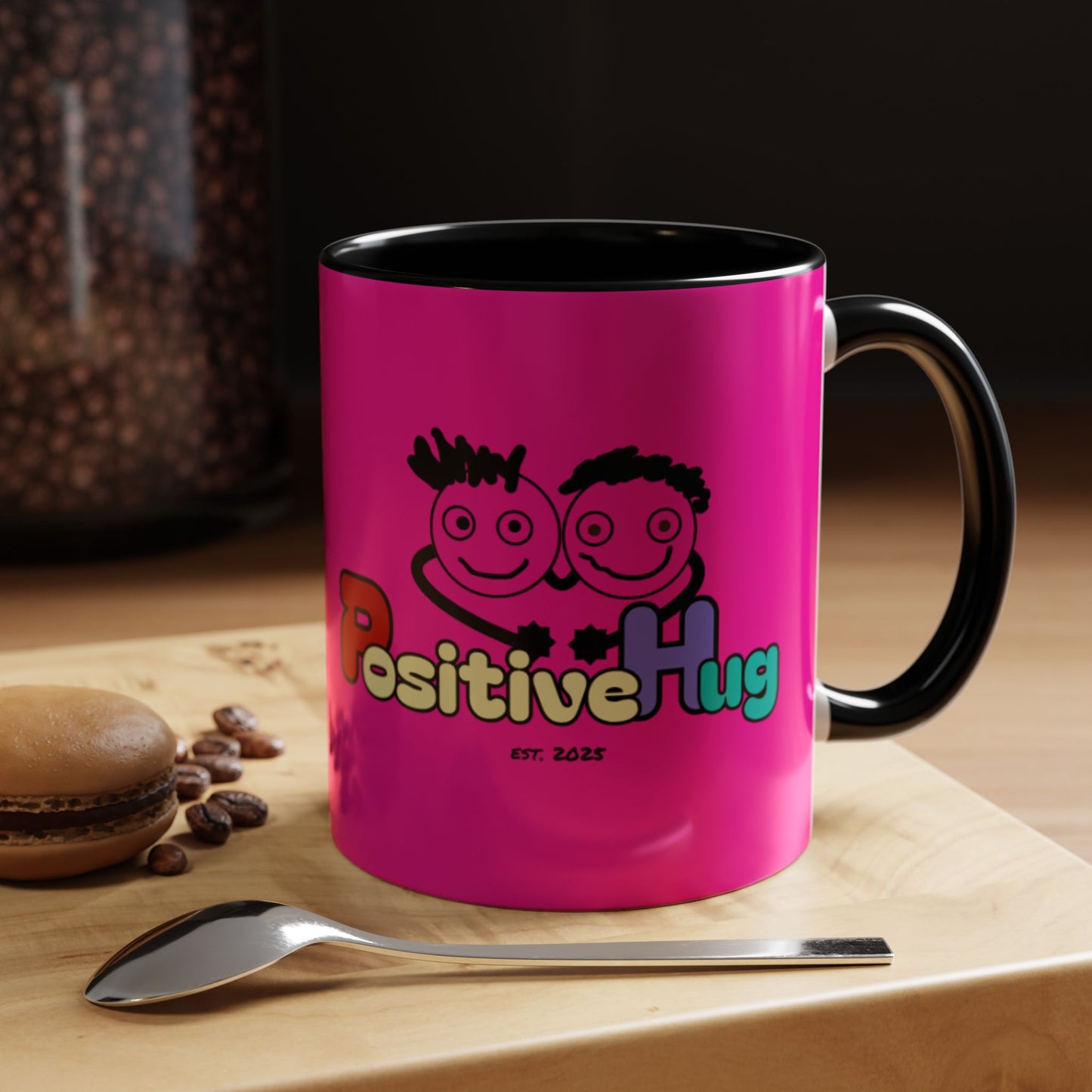 'Good Morning Starshine' Neon Cheerful Coffee Mug by PositiveHug - Pink exterior