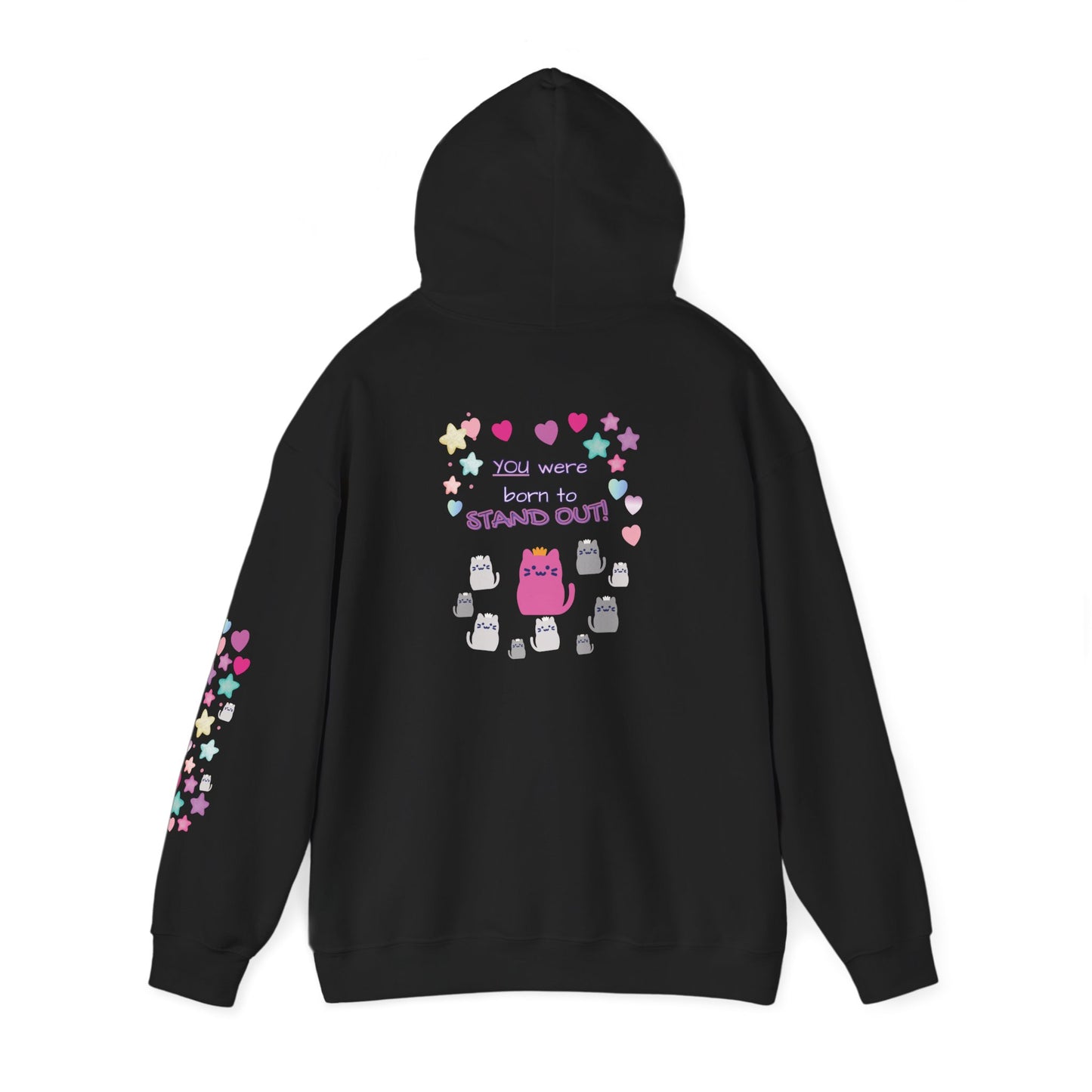 Black hoodie with colorful graphics and text on a white background