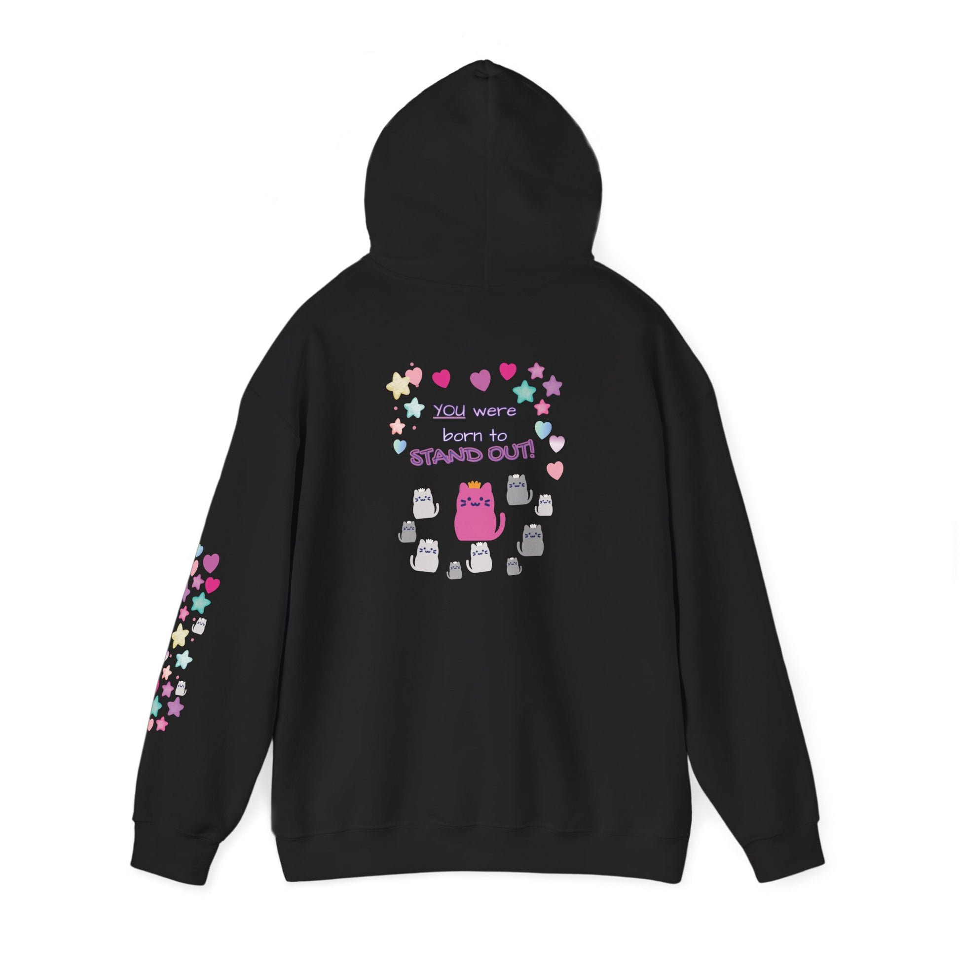 Black hoodie with colorful graphics and text on a white background