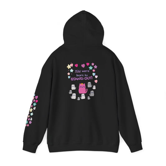 Black hoodie with colorful graphics and text on a white background