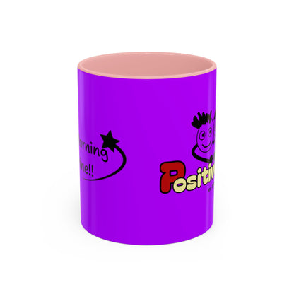 'Good Morning Starshine' Neon Cheerful Coffee Mug by PositiveHug - Purple exterior