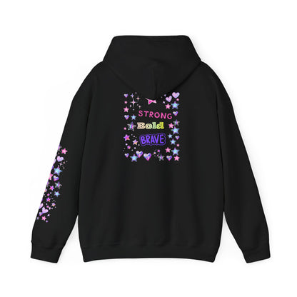 Strong Bold Brave Hoodie — Cute Inspirational Heart & Star Graphic on Back & Sleeve