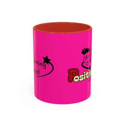 'Good Morning Starshine' Neon Cheerful Coffee Mug by PositiveHug - Pink exterior