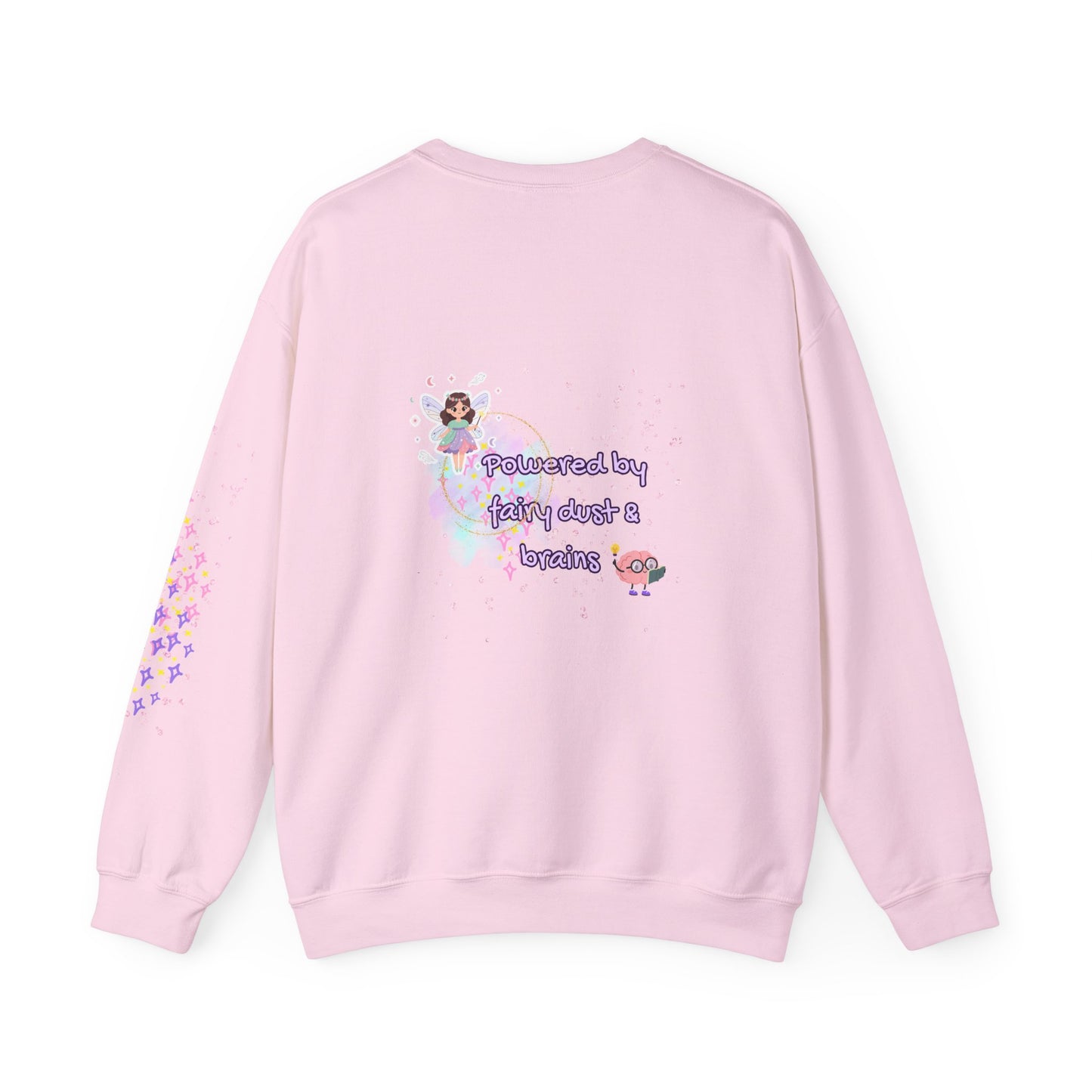 Pink sweatshirt with fairy-themed graphics and text on a white background