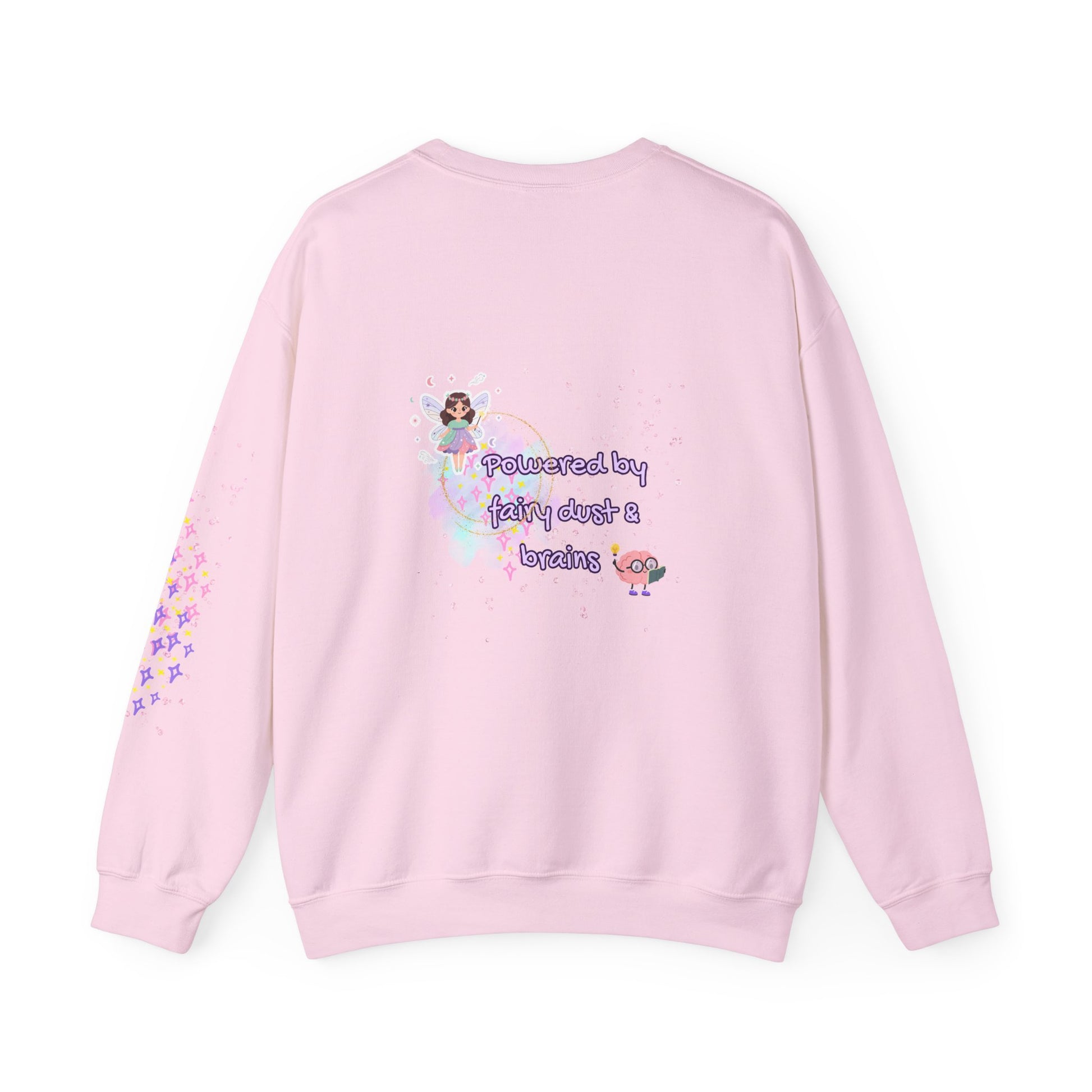 Pink sweatshirt with fairy-themed graphics and text on a white background