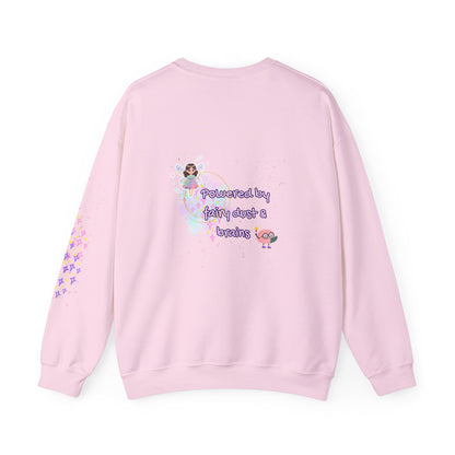 Pink sweatshirt with fairy-themed graphics and text on a white background