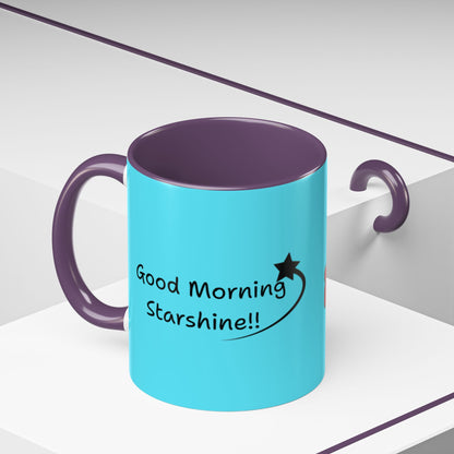 'Good Morning Starshine' Neon Cheerful Coffee Mug by PositiveHug - Turquoise exterior