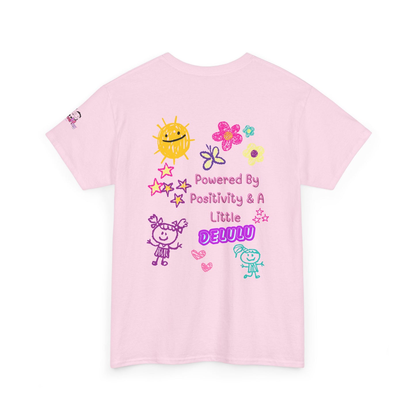 "Powered By Positivity & A Little Delulu" Cute Doodle Graphic Tee | PositiveHug
