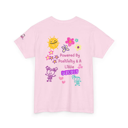 "Powered By Positivity & A Little Delulu" Cute Doodle Graphic Tee | PositiveHug