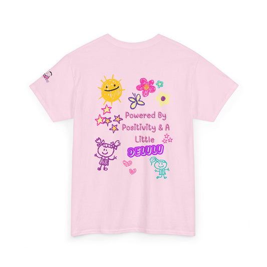 "Powered By Positivity & A Little Delulu" Cute Doodle Graphic Tee | PositiveHug