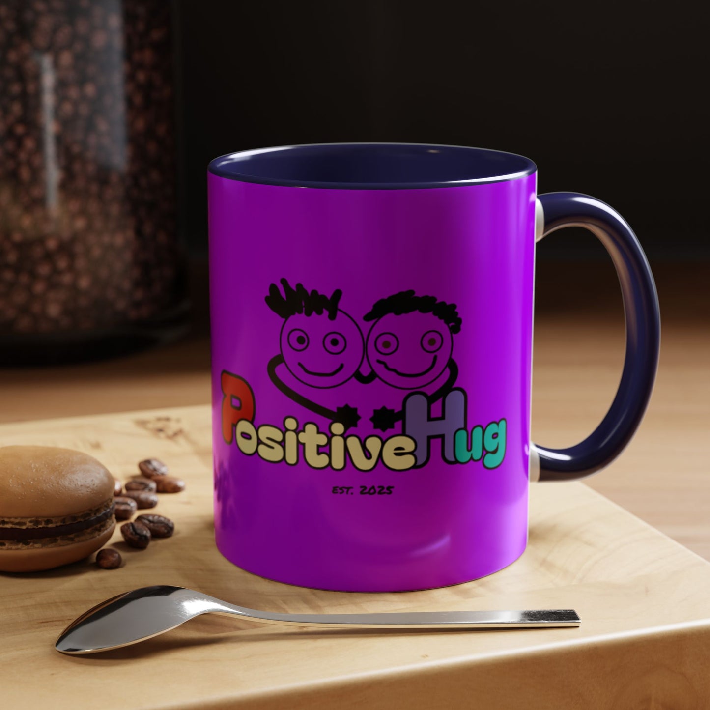 'Good Morning Starshine' Neon Cheerful Coffee Mug by PositiveHug - Purple exterior