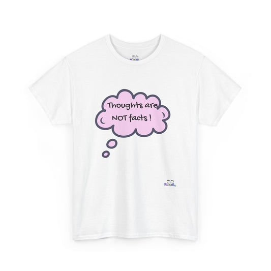 White t-shirt with pink thought bubble graphic and text 'Thoughts are NOT facts!' on a white background
